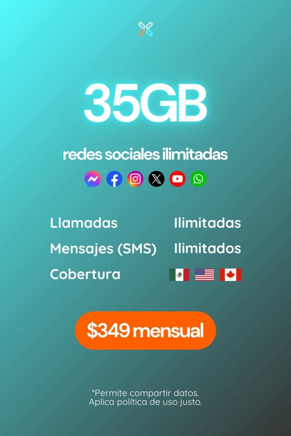 35GB Plan POPULAR mensual. Llamadas, SMS y redes sociales ilimitadas. Cobertura México, Estados Unidos y Canadá